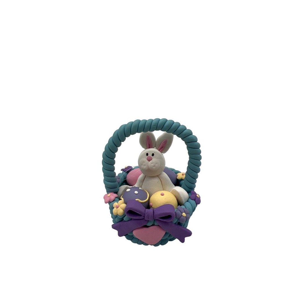 Polymer Clay Easter Bunny Rabbit in Basket with Flowers & Easter Eggs